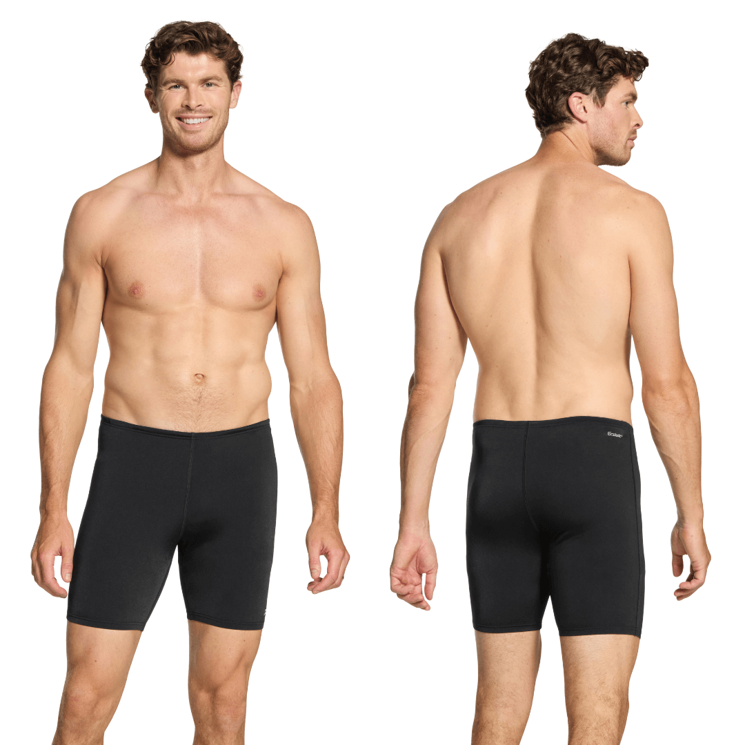 Stewarts Menswear, Mullumbimby. Photo shows back and front view of model wearing Zoggs Cottesloe Mid Jammer in colour black.