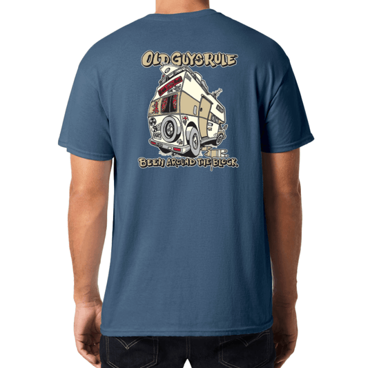 Back view of Old Guys Rule Been Around the Block Tee in Indigo, campervan print tee available at Stewart's Menswear Mullumbimby.