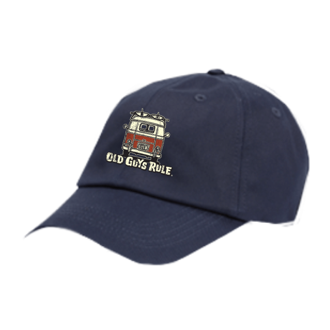Stewart's Menswear Old Guys Rule Good Vibrations cap. Colour is Navy. Embroidered combi van on centre front with Old Guys Rule underneath.