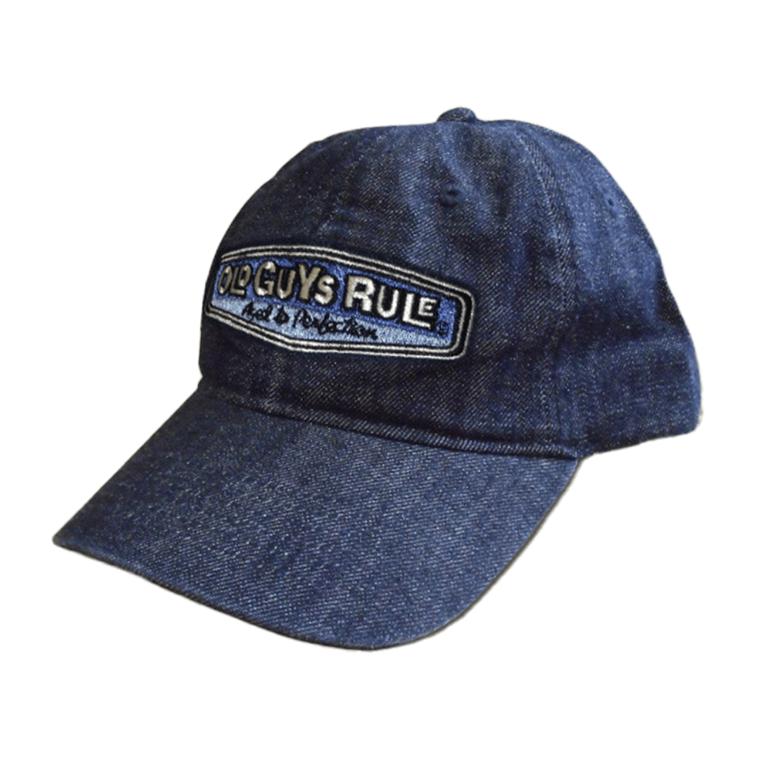 Stewarts Menswear Old Guys Rule Rear View cap. Colour is Denim. Embroidered logo on front reads "Old Guys Rule. Aged to Perfection."