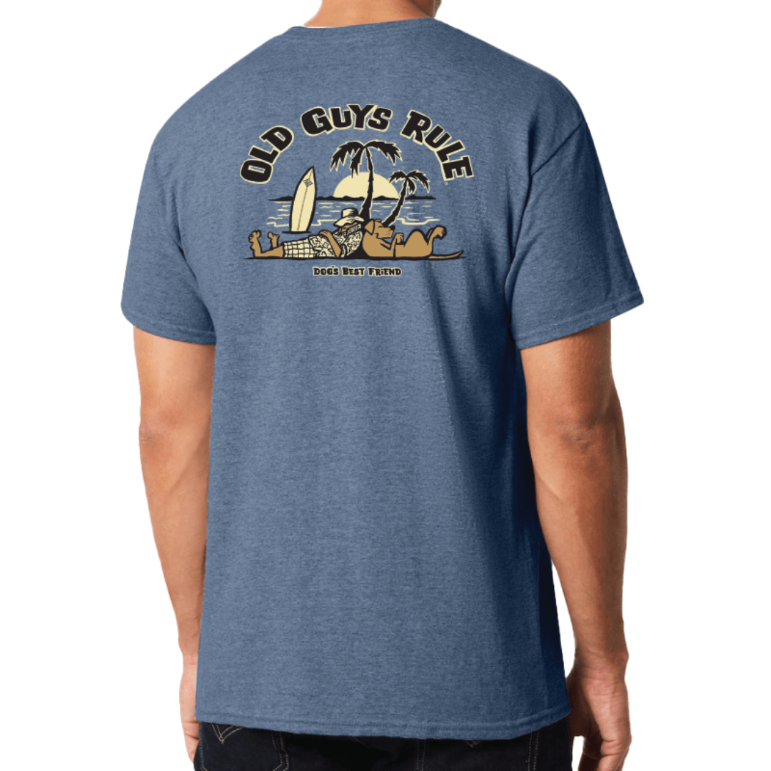 Stewarts Menswear Old Guys Rule Dog's Best Friend T-shirt. Colour is Heather Navy. Photo shows model wearing Old Guys Rule Dog's Best Friend T-shirt, back view.