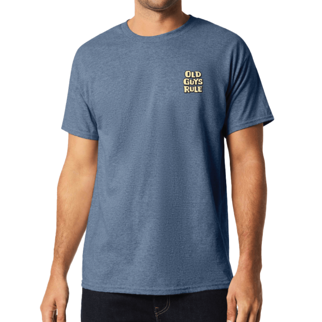 Stewarts Menswear Old Guys Rule Dog's Best Friend T-shirt. Colour is Heather Navy. Photo shows model wearing Old Guys Rule Dog's Best Friend T-shirt, back view.