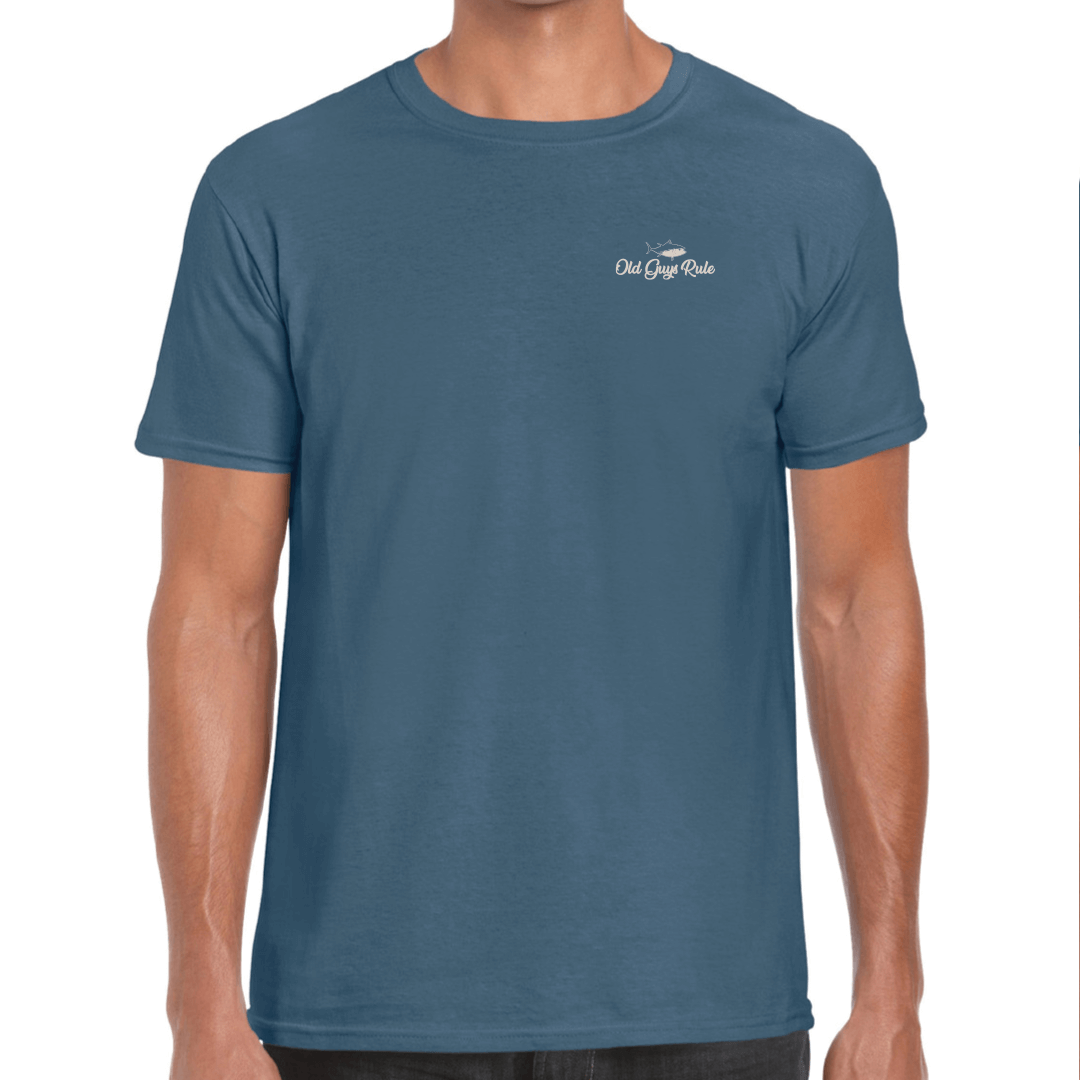 Stewarts Menswear Old Guys Rule Mid Life Solution t- shirt. Colour is Indigo. Photo shows model wearing Old Guys Rule Mid Life Solution T-Shirt, Front view.