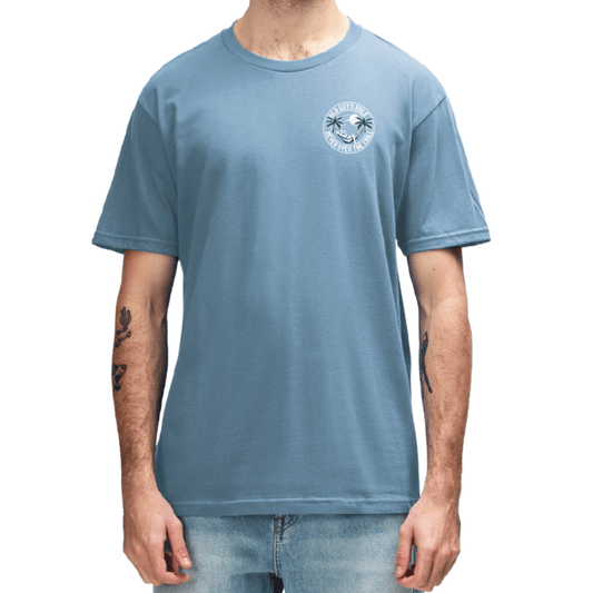 Front view of Old Guys Rule Never Over the Chill Tee in blue, front and back palm tree hammock print available at Stewart's Menswear Mullumbimby.