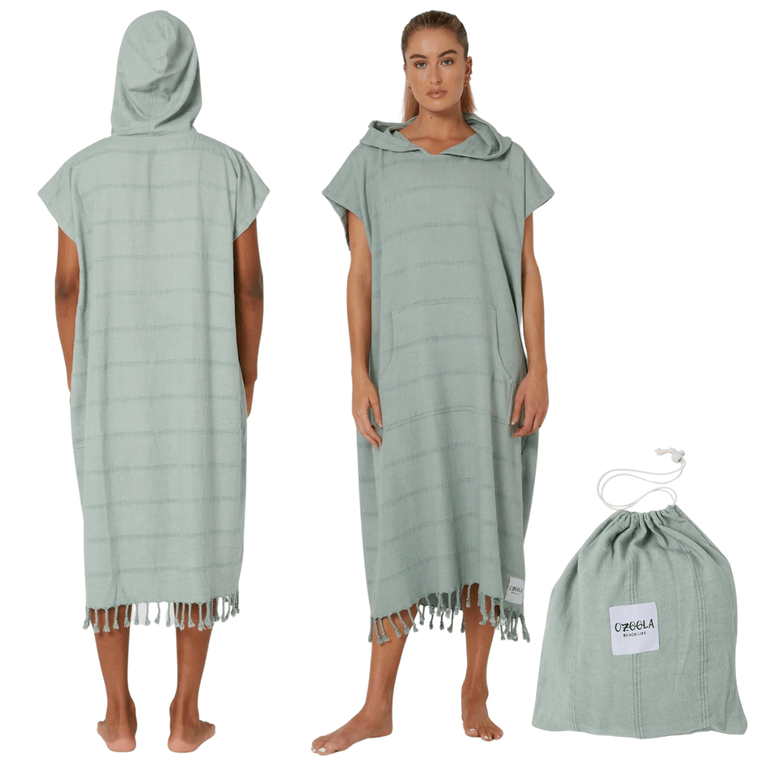 Stewarts Menswear Ozoola Surf Poncho. These surf ponchos are made from 100% Turkish Cotton which is super soft and remarkably quick drying. One size fits all surf ponchos are both stylish and practical. They come with their own bag, which you can use to carry your poncho to the beach and keep your gear in one place while you're surfing. Colour is Green.