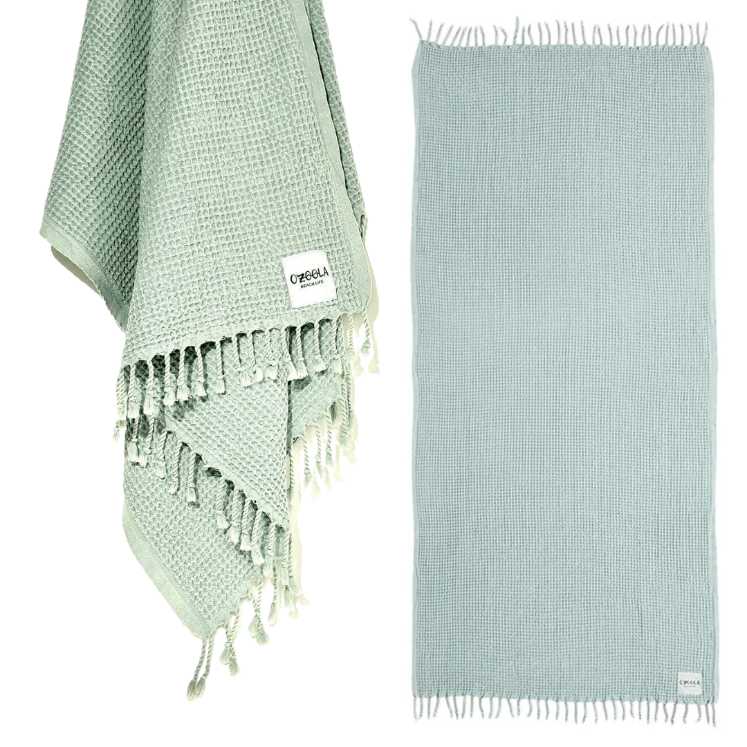 Stewarts Menswear Ozoola Waffle Beach Towel. The Ozoola Waffle Beach Towel is made from 100% Turkish Cotton which is super absorbent and extremely fast drying. Sized at 170 x 185cm with knotted fringing at each end. Colour is Mint.