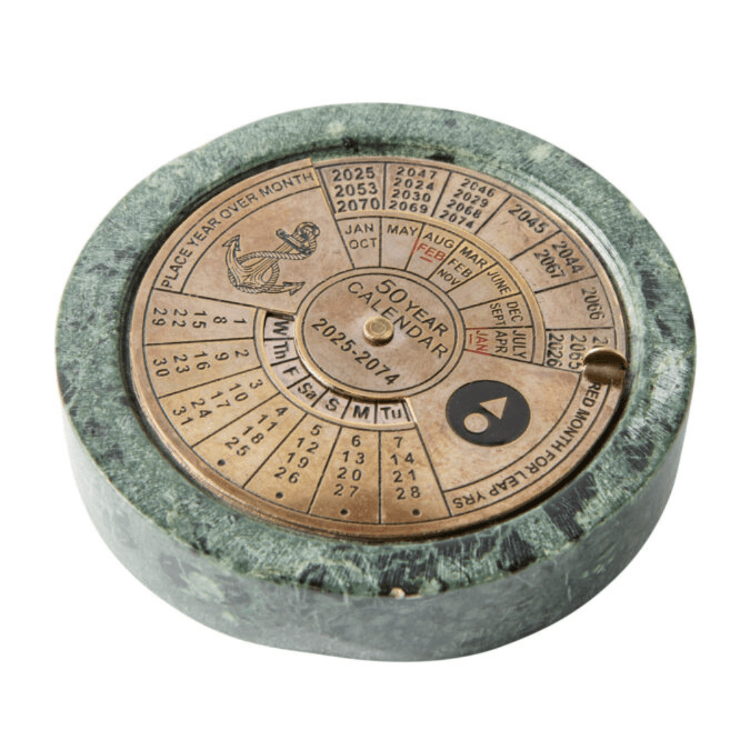50-Year Calendar with marble base and brass detailing, available at Stewart's Menswear Mullumbimby.