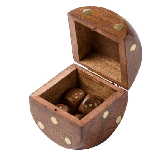 Wooden Dice Box with brass detailing and secure lid, includes dice set, available at Stewart's Menswear Mullumbimby.