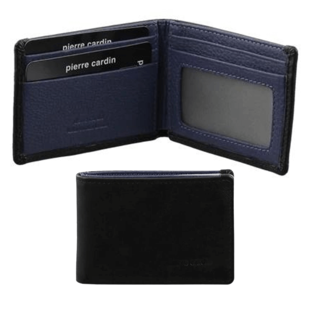 The Pierre Cardin Italian Leather Men's Two Tone Wallet/Card Holder is a sophisticated accessory that combines style, functionality, and security. Crafted with soft Italian leather and featuring the embossed Pierre Cardin logo, this wallet speaks luxury. Features credit card slots, ID window, notes section, RFID protected. Black leather outside with navy leather inner.