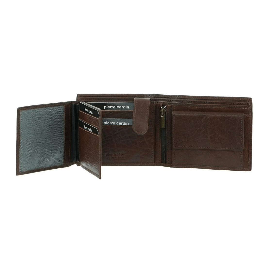 Pierre Cardin rustic leather wallet in brown with embossed logo and RFID protection available from Stewarts Menswear in Mullumbimby