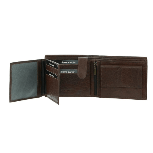 Pierre Cardin rustic leather wallet in brown with embossed logo and RFID protection available from Stewarts Menswear in Mullumbimby