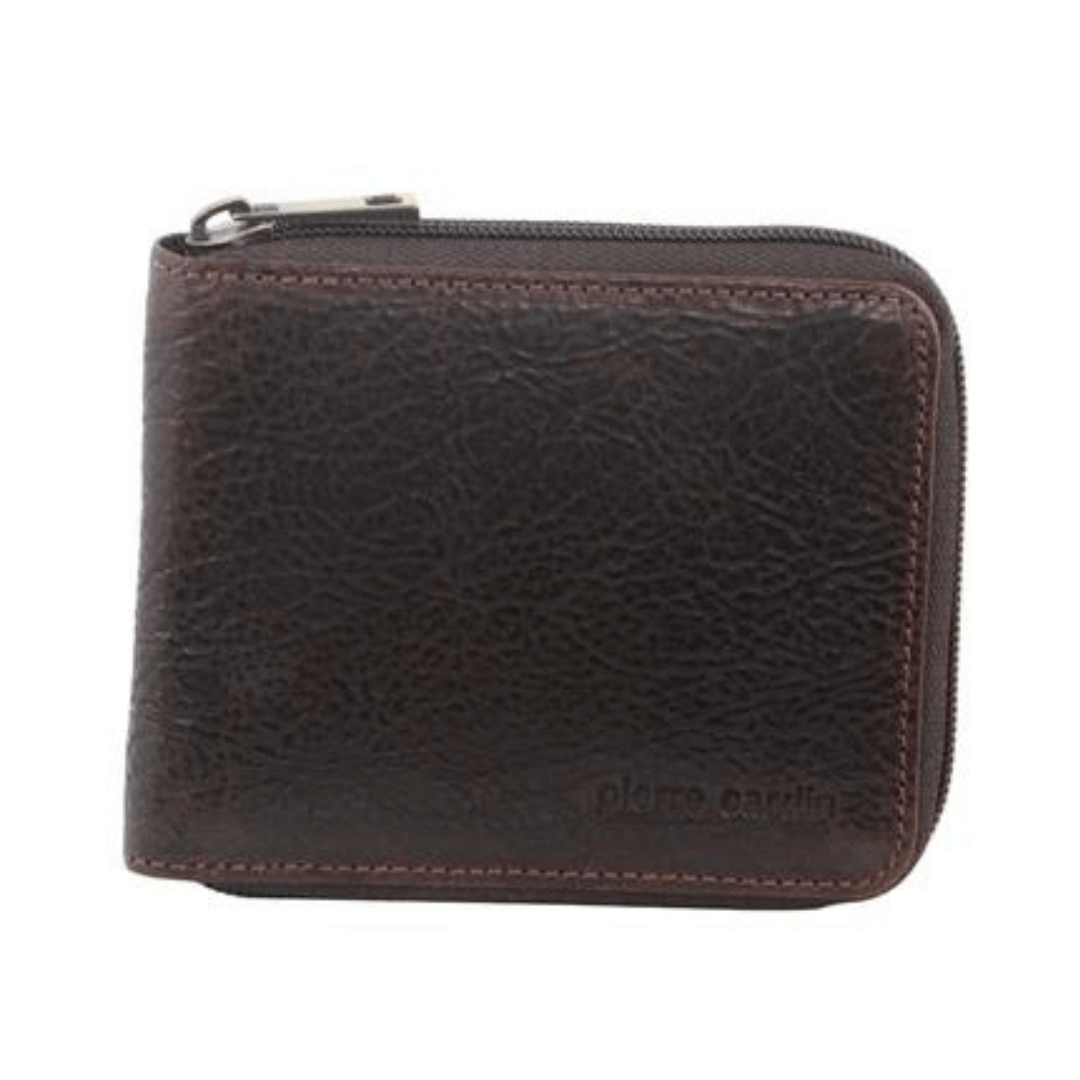 Stewarts Menswear Pierre Cardin men's leather wallet with zipper. Photo shows outside of wallet when zipped up . Feathers zipper which zips up all around wallet. Colour is Chocolate.