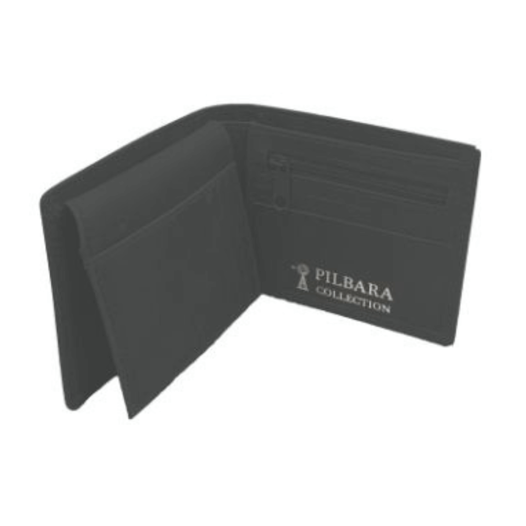 Stewart's Menswear, Mullumbimby. Pilbara collection Men's leather wallet and keyring Gift Set. Black wallet with flip card compartment, zip coin section and embossed Pilbara Collection logo. Comes with matching Keyring and presented in gift box. Photo of Interior of wallet showing flip card compartment and zip coin section.