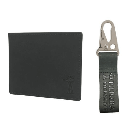 Stewart's Menswear, Mullumbimby. Pilbara collection Men's leather wallet and keyring Gift Set. Black wallet with flip card compartment, zip coin section and embossed Pilbara Collection logo. Comes with matching Keyring and presented in gift box.