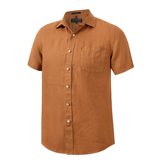 Stewart's Menswear, Mullumbimby. Pilbara Collection linen shirt short sleeve. Colour is Terracotta