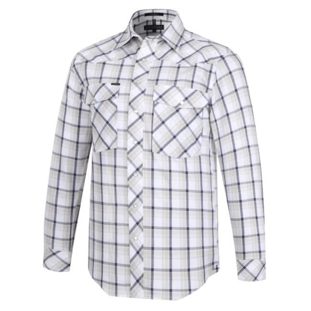 Ritemate workwear, Pilbara Western men’s pearl snap long sleeve check shirt available at Stewart’s Menswear Mullumbimby. Traditional Sand, Navy and White check western shirt