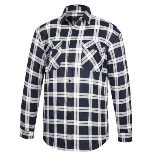 Pilbara collection men's flannelette shirt in navy/white plaid available from stewart's Menswear, Mullumbimby.