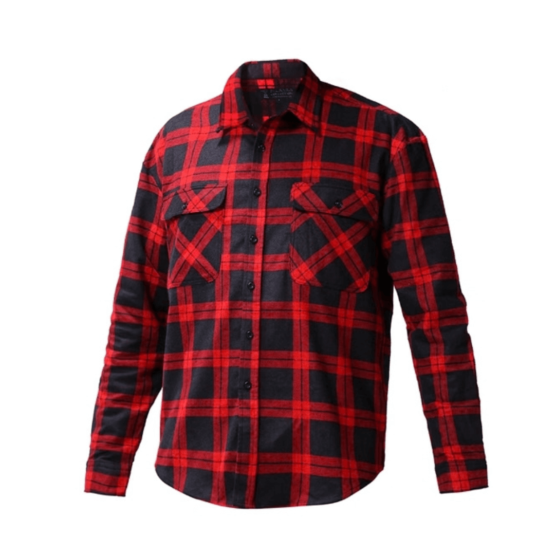 Pilbara collection men's flannelette shirt in red/black plaid available from stewart's Menswear, Mullumbimby.