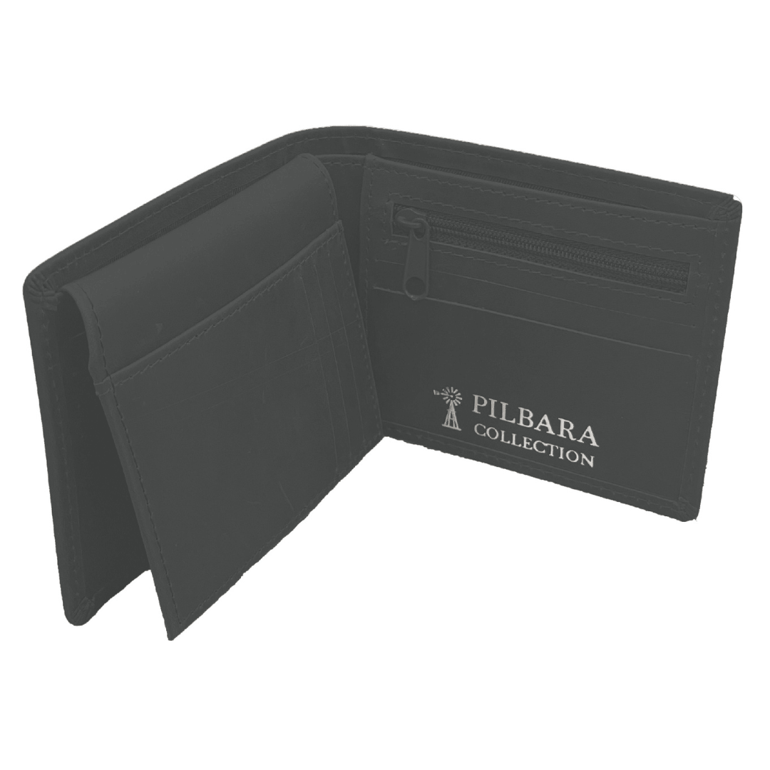 Inside view of black wallet with 'Pilbara Collection' logo on a white background. Pilbara Collection mens leather wallet available from Stewart's Menswear in Mullumbimby.