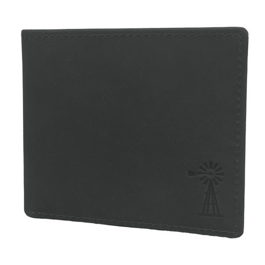 Black wallet with 'Pilbara Collection' logo on a white background. Pilbara Collection mens leather wallet available from Stewart's Menswear in Mullumbimby.
