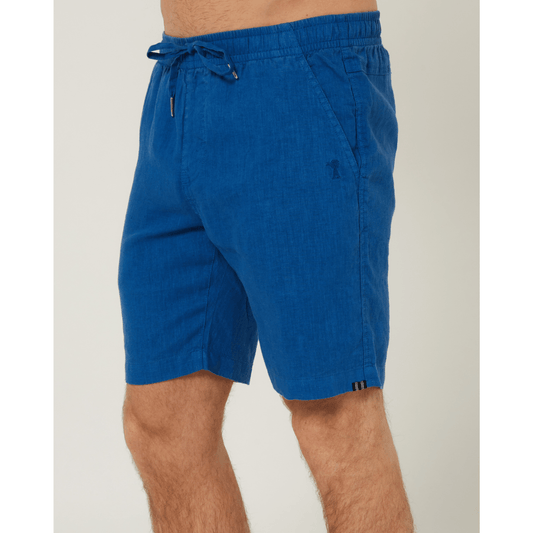 Front View of men's Pilbara Collection by Ritemate Workwear Modern Fit Linen Shorts in Deep Blue with tone on tone Windmill embroidery, available at Stewart's Menswear Mullumbimby.