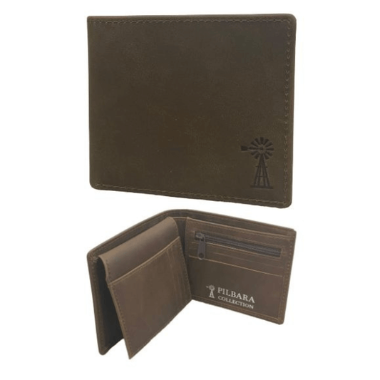 Stewart's Menswear, Mullumbimby. Pilbara Collection men's leather wallet. Brown with embossed windmill logo on front. Flip section for cards inside with zipper coin pouch.