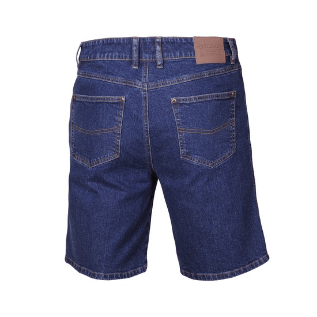 Stewarts Menswear Pilbara Stretch Denim Shorts. These Pilbara Men's Stretch Denim Shorts are perfect for everyday wear, outdoor activities, and casual events. They can be paired with a t-shirt, polo shirt or dress shirt, making them versatile addition to your wardrobe. Indigo blue colour, back view.