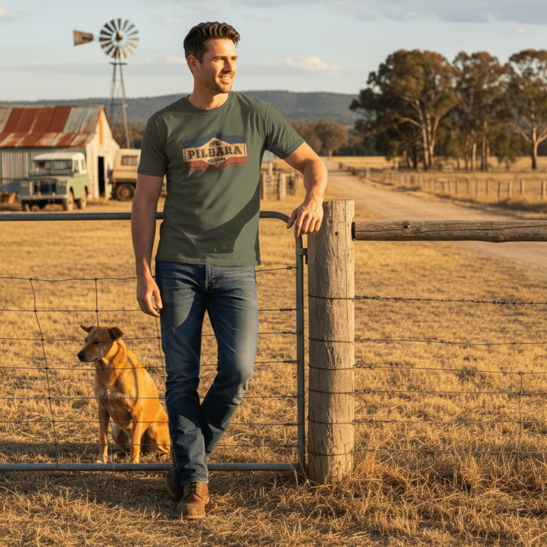 Man standing next to a dog by a fence on a rural property with a windmill in the background wearing the Pilbara Western Oil Can Tee.