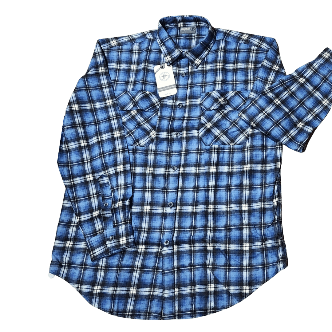 Stewart's Menswear, Mullumbimby. Pilgrim Men's Flannelette shirt in classic check. Double pockets on front. Dark BLue, Light Blue and White check design.