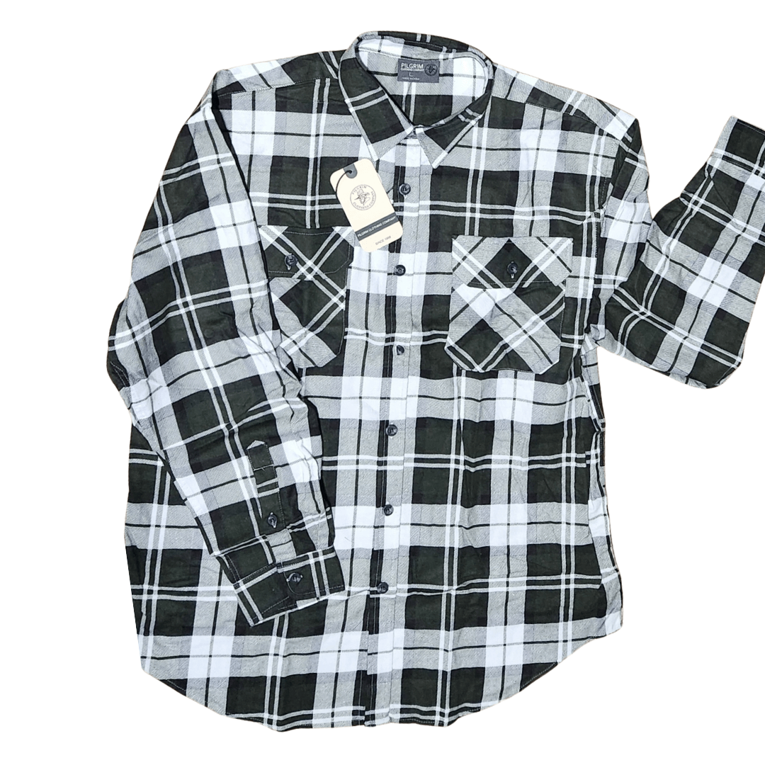 Stewart's Menswear, Mullumbimby. Pilgrim Men's Flannelette shirt in classic check. Double pockets on front. Dark Green and White check design.