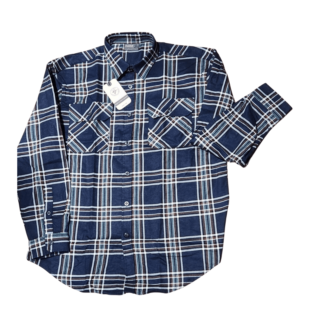 Stewart's Menswear, Mullumbimby. Pilgrim Men's Flannelette shirt in classic check. Double pockets on front. Navy, DarkGreen, Brown and White check design.