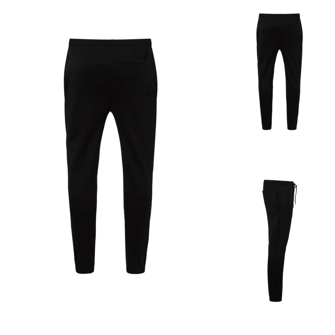 A pair of black men's elastic waist fleece trackpants with drawstring and cuffed ankles available at Stewart's Menswear Mullumbimby.