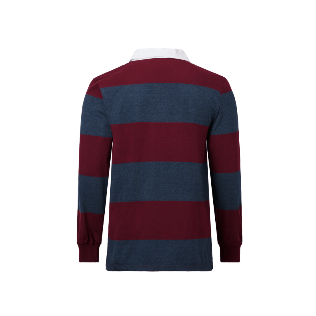 Back view of a classic navy and wine striped men's long sleeve rugby top with a white contrast collar available at Stewart's Menswear Mullumbimby.