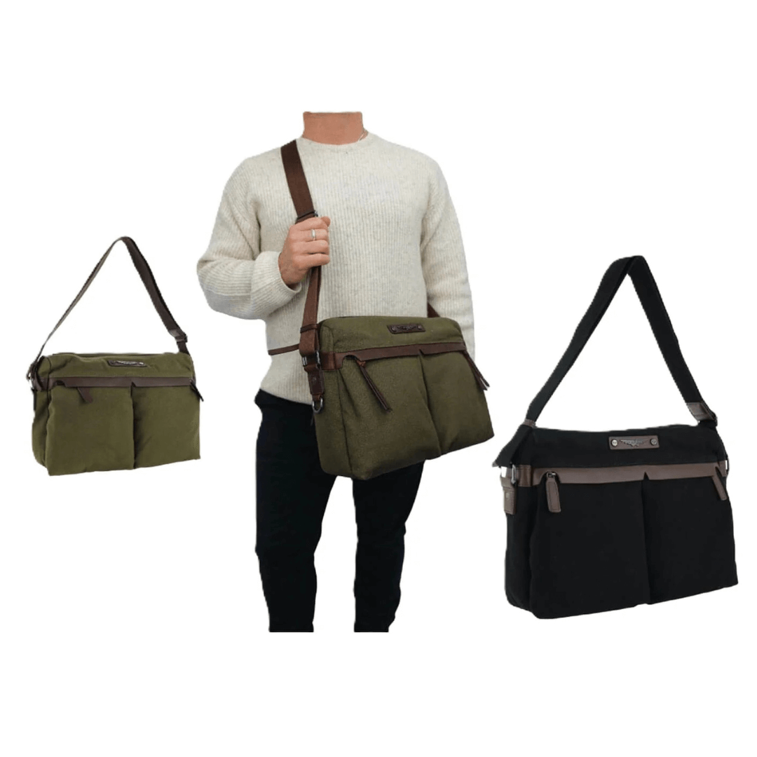 Lifestyle photo of man wearing olive coloured Police canvas messenger bag available at Stewart's Menswear, Mullumbimby