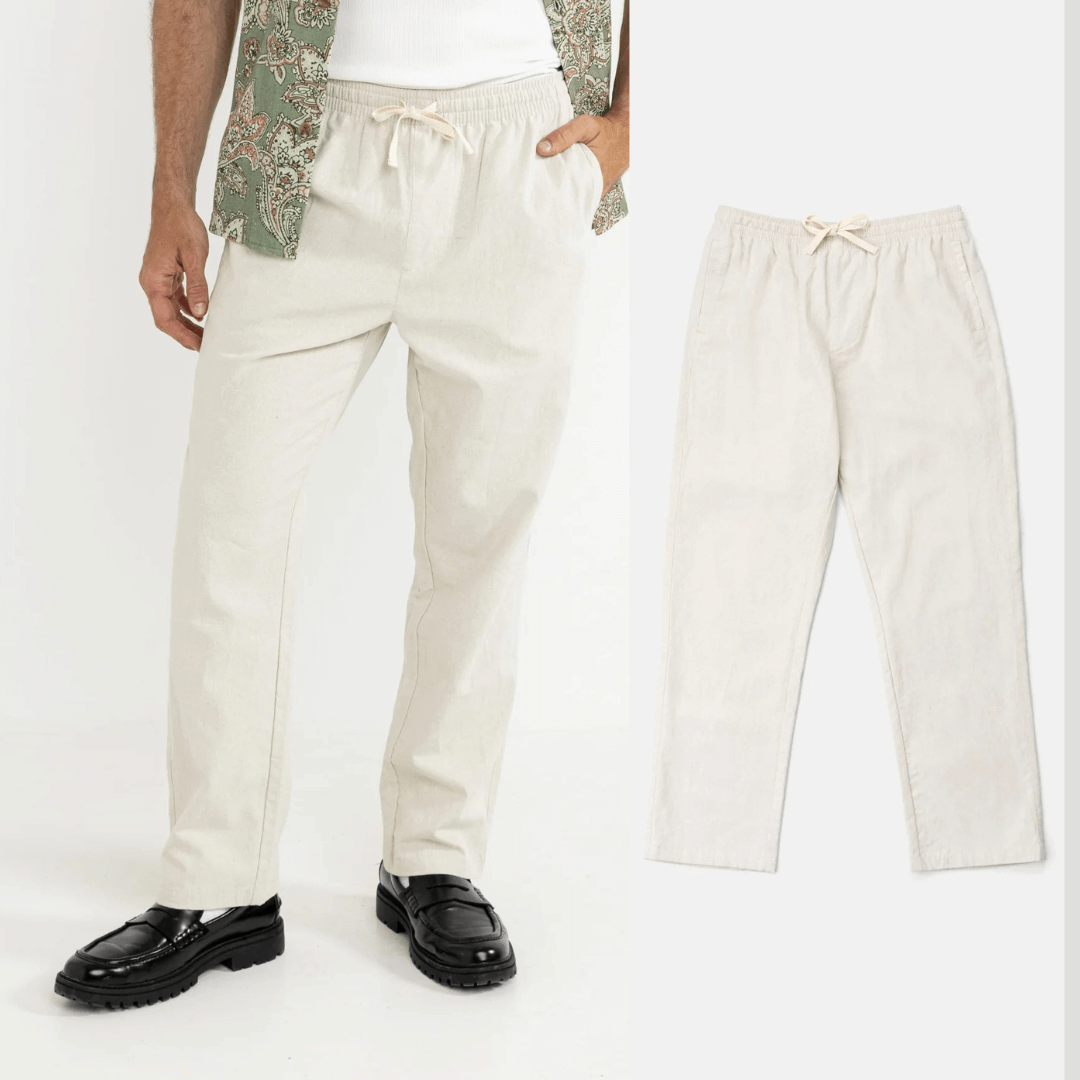 Model wearing Rhythm Linen Jam pant available from Stewart's Menswear in Mullumbimby.