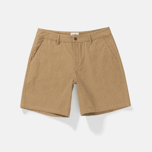 Stewart's Menswear, Mullumbimby. Rhythm Livin stripe essential short. Colour is tobacco with self stripe. Photo shows flat lay of Rhythm Stripe Essential shorts.