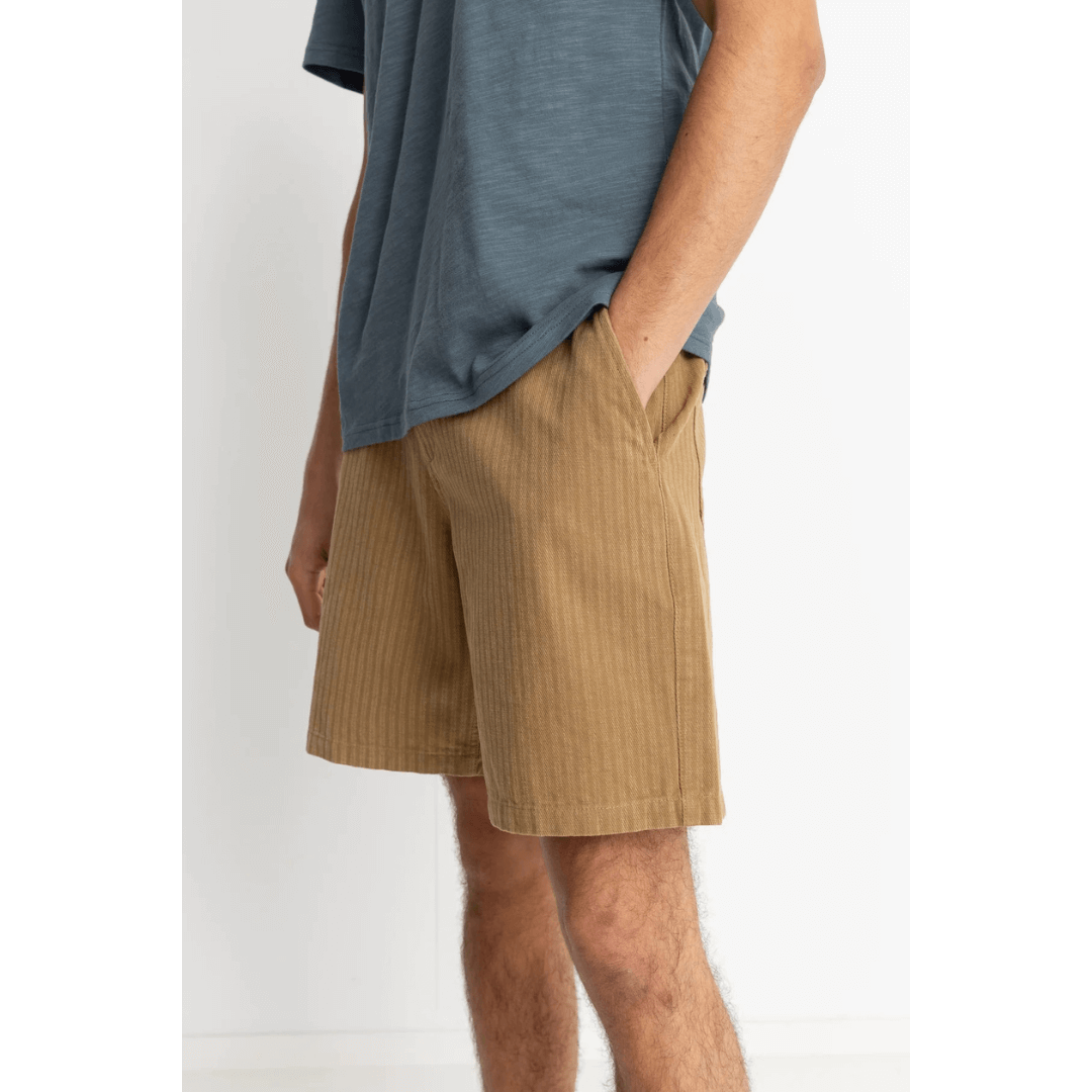 Stewart's Menswear, Mullumbimby. Rhythm Livin stripe essential short. Colour is tobacco with self stripe. Photo shows model wearing Rhythm Stripe Essential shorts.