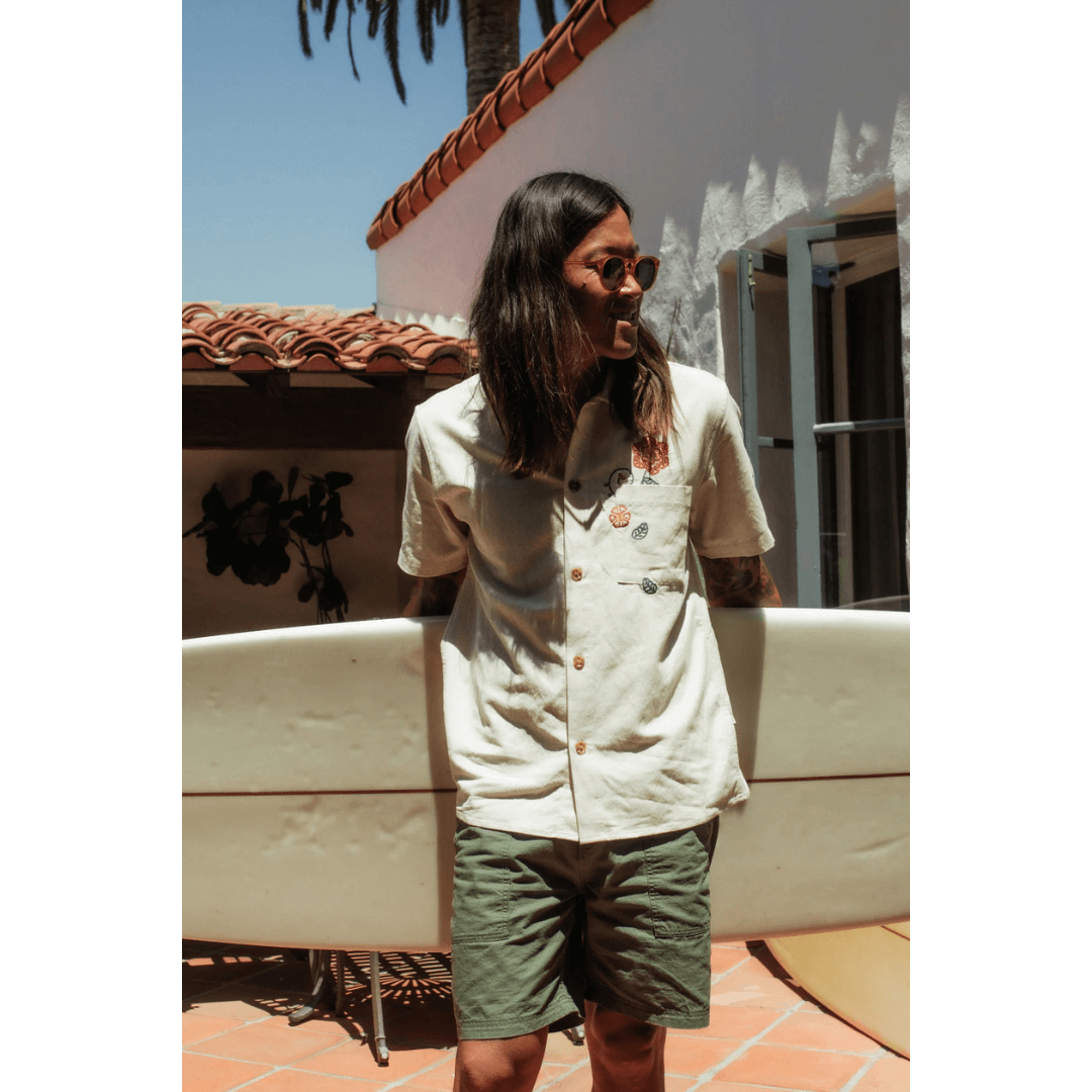 Stewarts Menswear, Mullumbimby. Rhythm Livin Worn Path Ripstop shorts, Olive. Photo shows model wearing an outfit featuring Rhythm Worn Path Ripstop shorts.