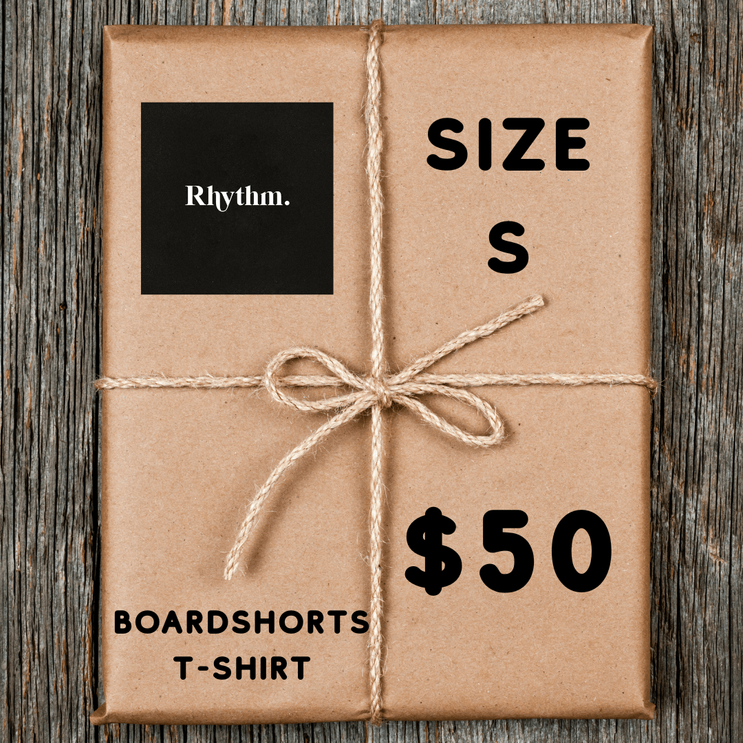 Rhythm summer mystery bundle in size Small, boardshorts and T-shirt packed and available at Stewart's Menswear Mullumbimby.