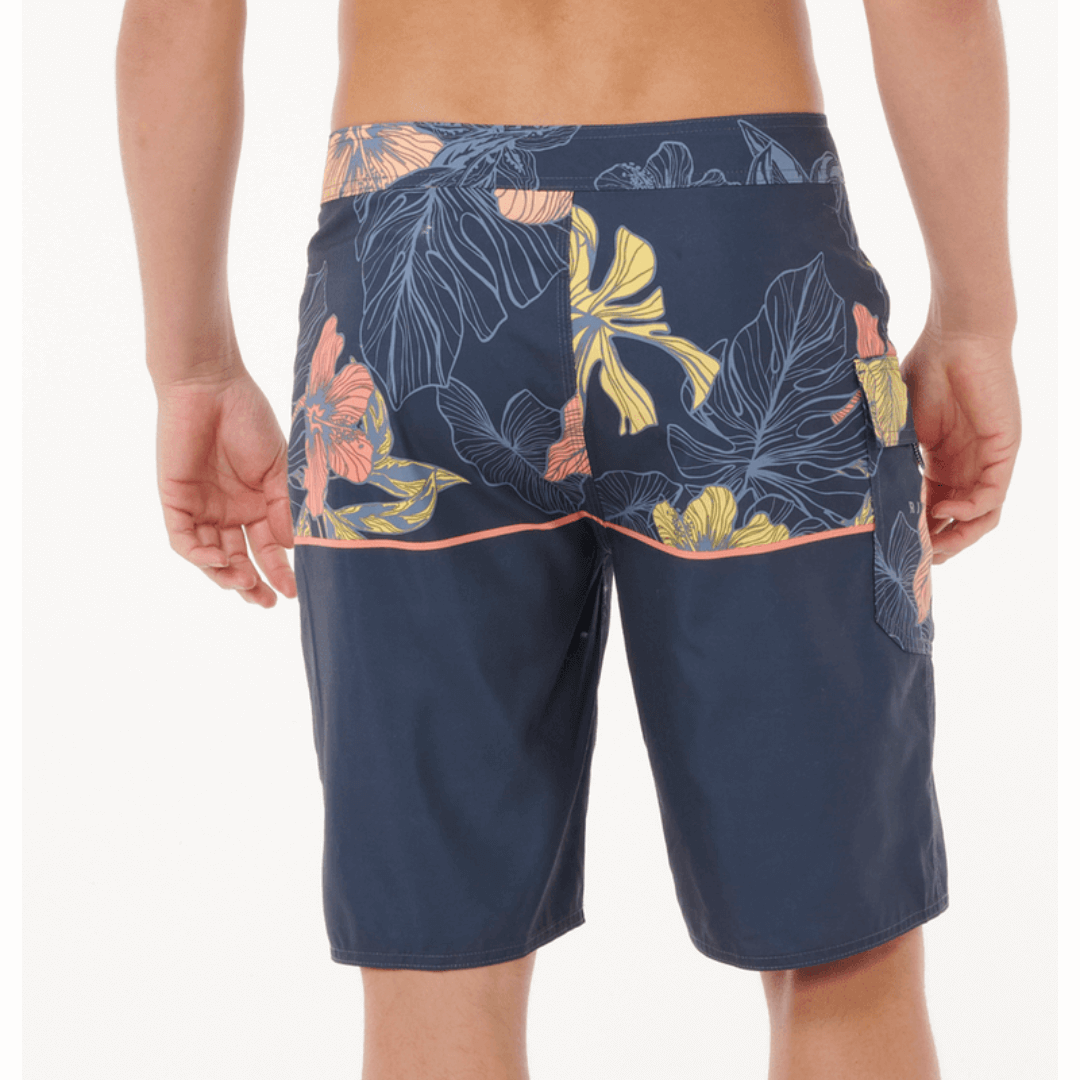 Rip Curl Dawn Patrol 21" Boardshort. Camo recycled Ripsuede surf short, $49.99, available at Stewart’s Menswear Mullumbimby. Back view of Dawn Patrol Boardshort Navy/Orange
