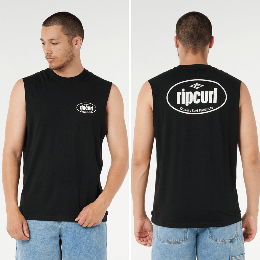 Rip Curl Everyday Muscle. Black sleeveless tee with front logo and large back print, available at Stewart’s Menswear Mullumbimby. Photo shows model wearing everyday muscle, both front and back views.