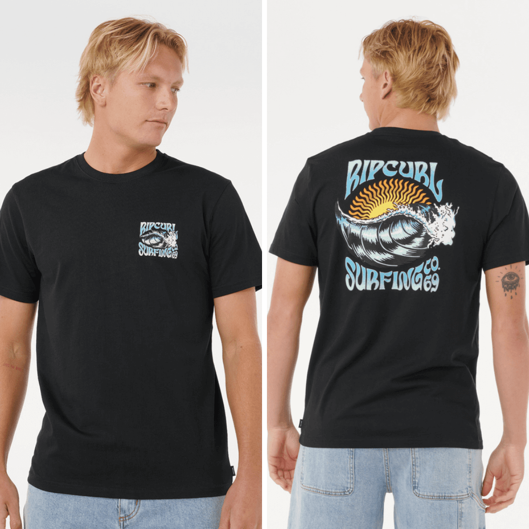 Rip Curl Hazed & Tubed T-Shirt. Black relaxed-fit cotton tee with front and back surf prints, available at Stewart’s Menswear Mullumbimby. Photo shows model wearing Rip Curl Hazed and Tubed Tee, both front and back views.