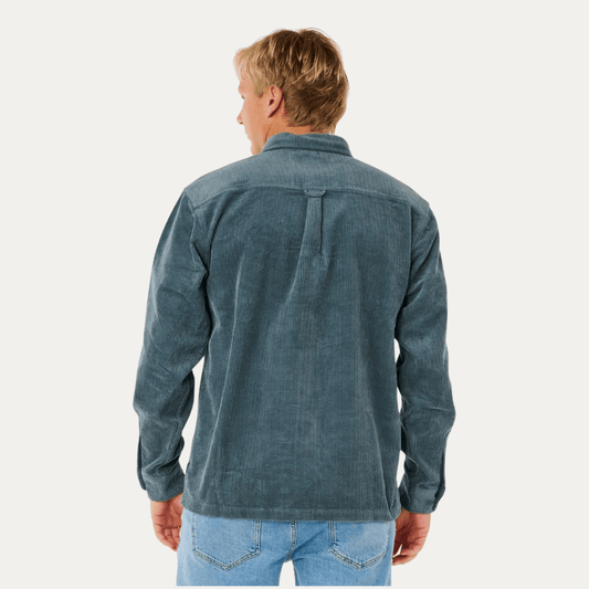 Back View of model wearing Rip Curl Premium Cord Long Sleeve Shirt Pine Night available at Stewart’s Menswear Mullumbimby. 100% cotton garment-washed cord shirt with chest pocket.
