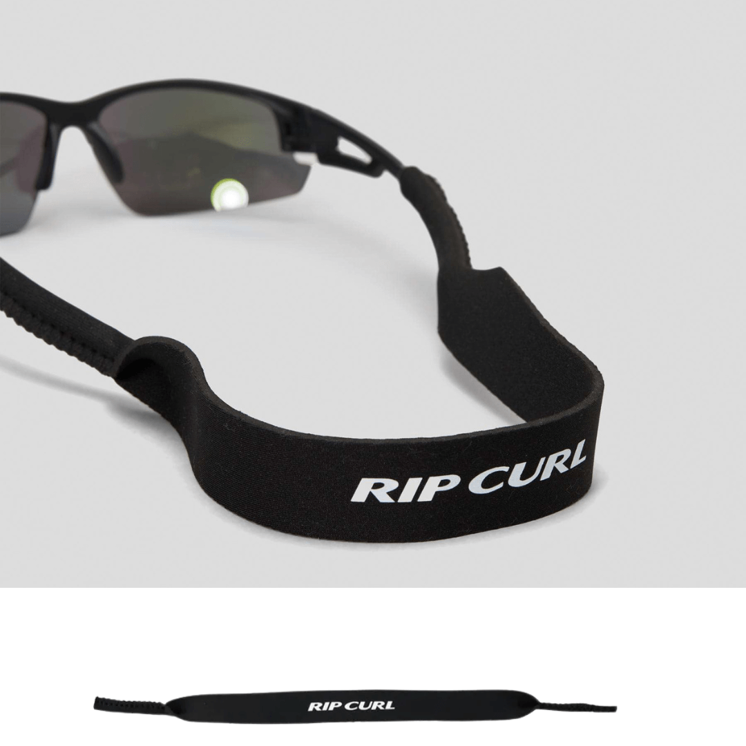 Rip Curl Revo Shades Hang Down, neoprene sunglass strap available at Stewart’s Menswear Mullumbimby. Black sunglasses strap with white RipCurl logo.