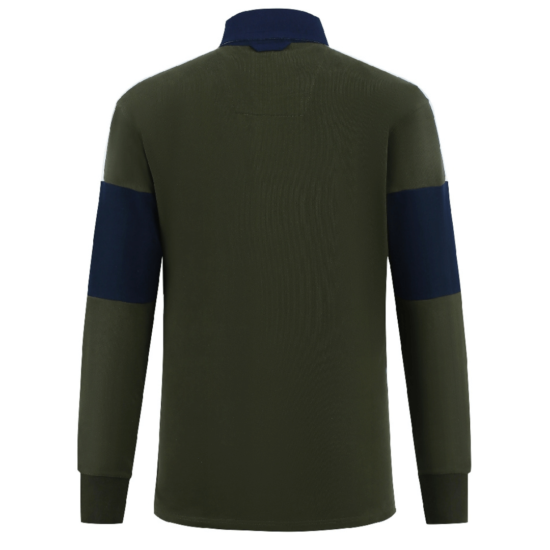 Stewarts Menswear Ritemate Men's Rugby Jersey. Predominately Duffel bag colour (khaki) with white across shoulders and a navy band around each sleeve with a navy collar. Distinctive Details: Contrast "Windmill" embroidery; Herringbone placket, neck tape, and vent tape; Chambray placket and back; Classic fit; Rubber buttons; Woven fabric collar. Photo shows back view.