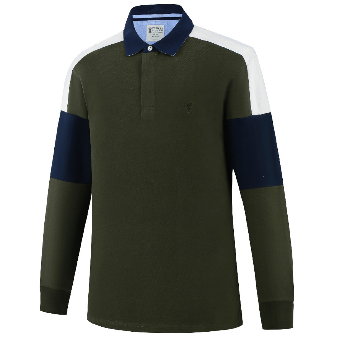Stewarts Menswear Ritemate Men's Rugby Jersey. Predominately Duffel bag colour (khaki) with white across shoulders and a navy band around each sleeve with a navy collar. Distinctive Details: Contrast "Windmill" embroidery; Herringbone placket, neck tape, and vent tape; Chambray placket and back; Classic fit; Rubber buttons; Woven fabric collar. Photo shows front view.