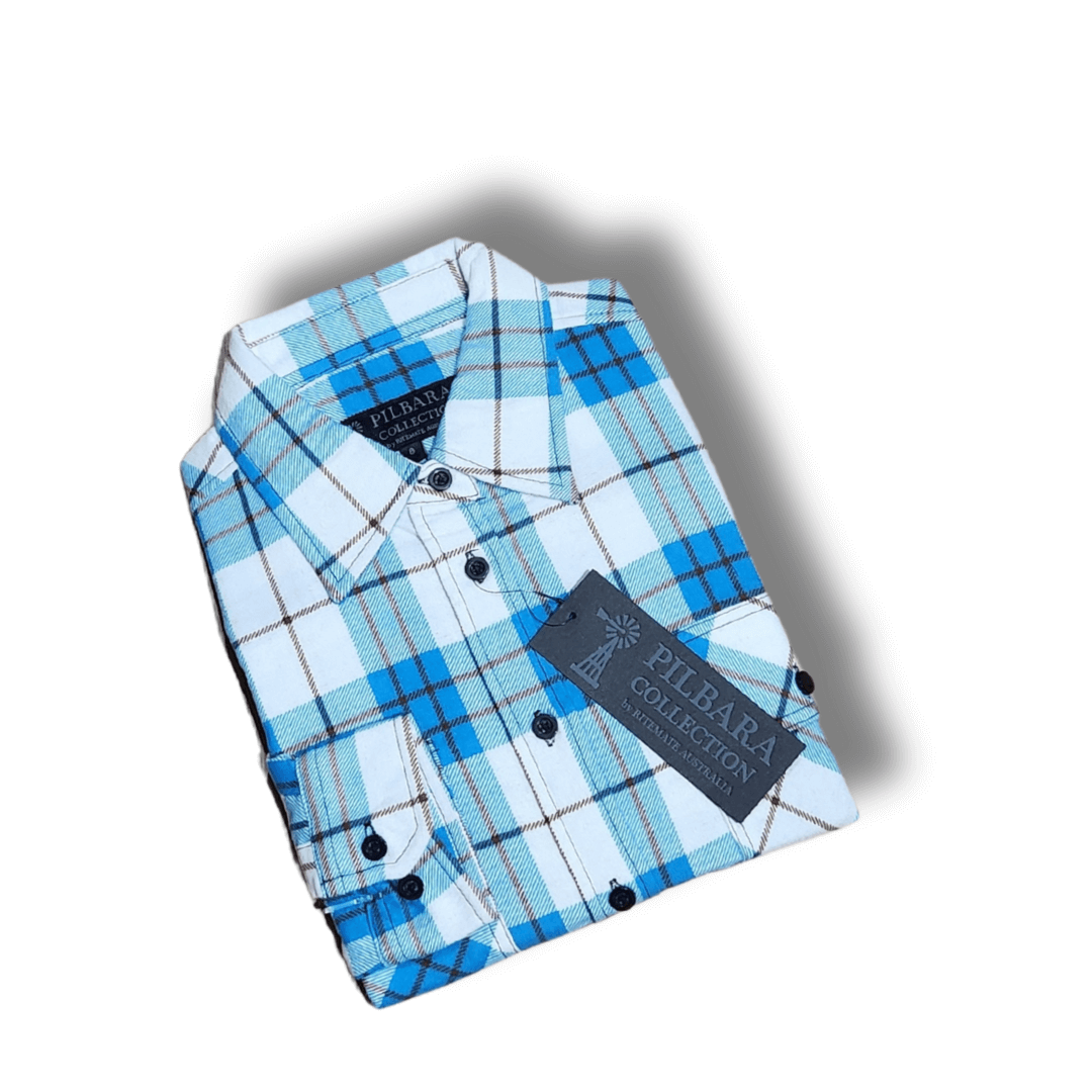 Stewart's Menswear Ritemate Workwear. Pilbara flannelette ladies shirt. Colour is Blue/Brown/White check.