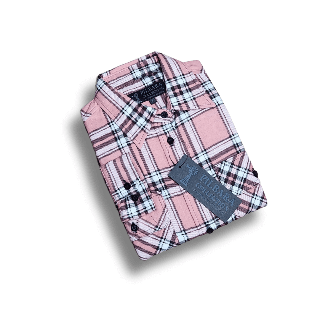 Stewart's Menswear Ritemate Workwear. Pilbara flannelette ladies shirt. Colour is Dusty Pink/Taupe/White check.