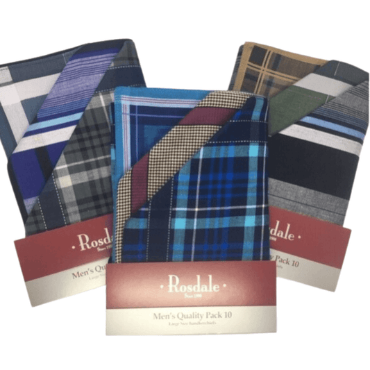 Stewarts Menswear Rosdale Handkerchiefs. Men's Quality 10 pack assorted. Pack of 10 Men's Quality Handkerchiefs in assorted patterns.  100% cotton 40cm x 40cm  These handkerchiefs are quality with hemstitching.  Rosdale is a family owned Australian business that has been supplying the fashion & manchester trades since 1958.   These hankies come to us as assorted packs, so particular colour sets cannot be guaranteed.