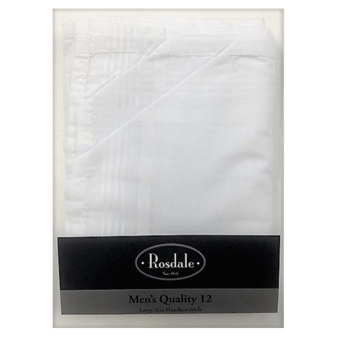 Stewart's Menswear Rosdale Handkerchiefs. Men's quality 12 pack hankies - white with hemstitching. Pack of 10 Men's White Hankies 100% cotton 40cm x 40cm These handkerchiefs are quality with hemstitching. Rosdale is a family owned Australian business that has been supplying the fashion & manchester trades since 1958.